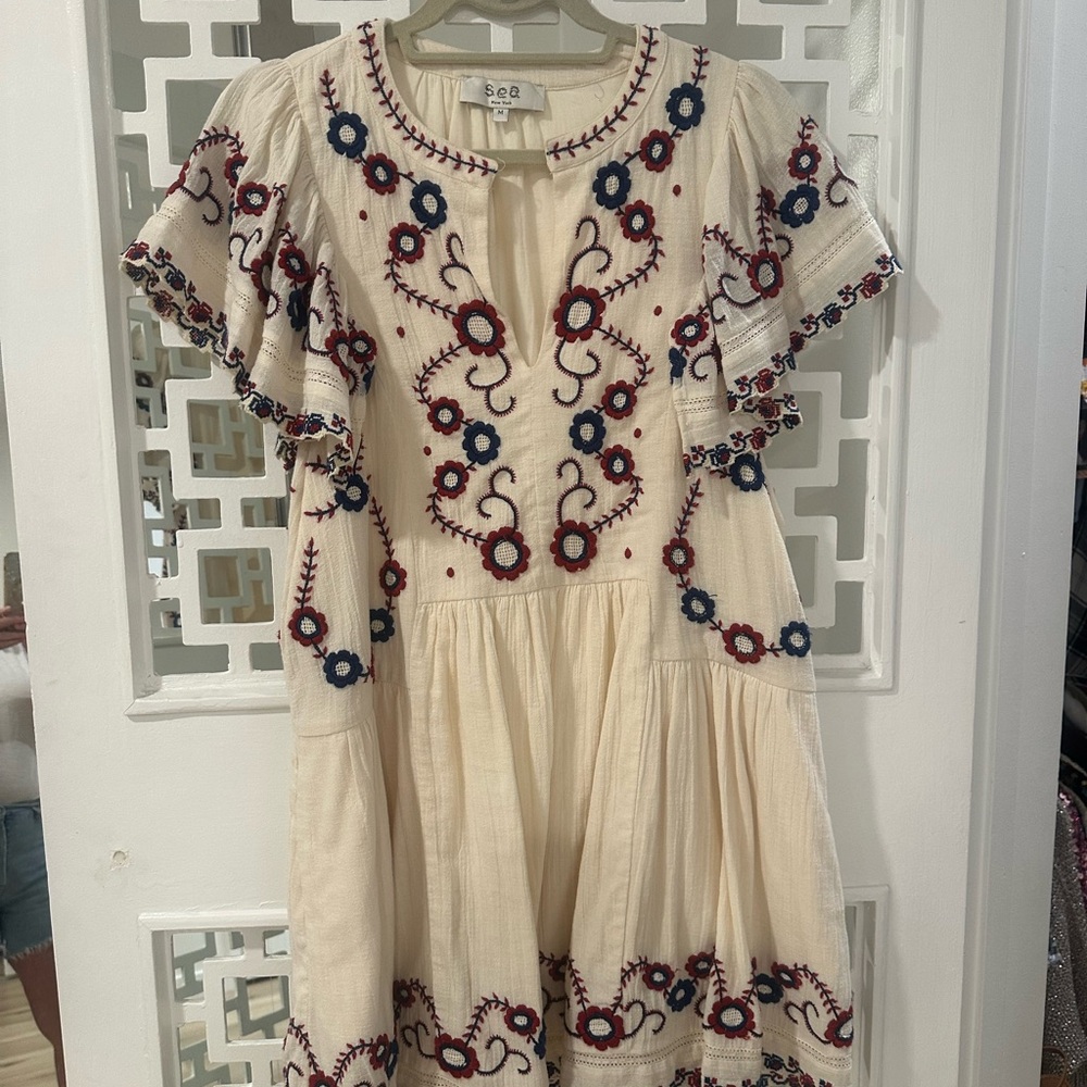 SEA New York Cream Tunic with Red and Blue Embroidery